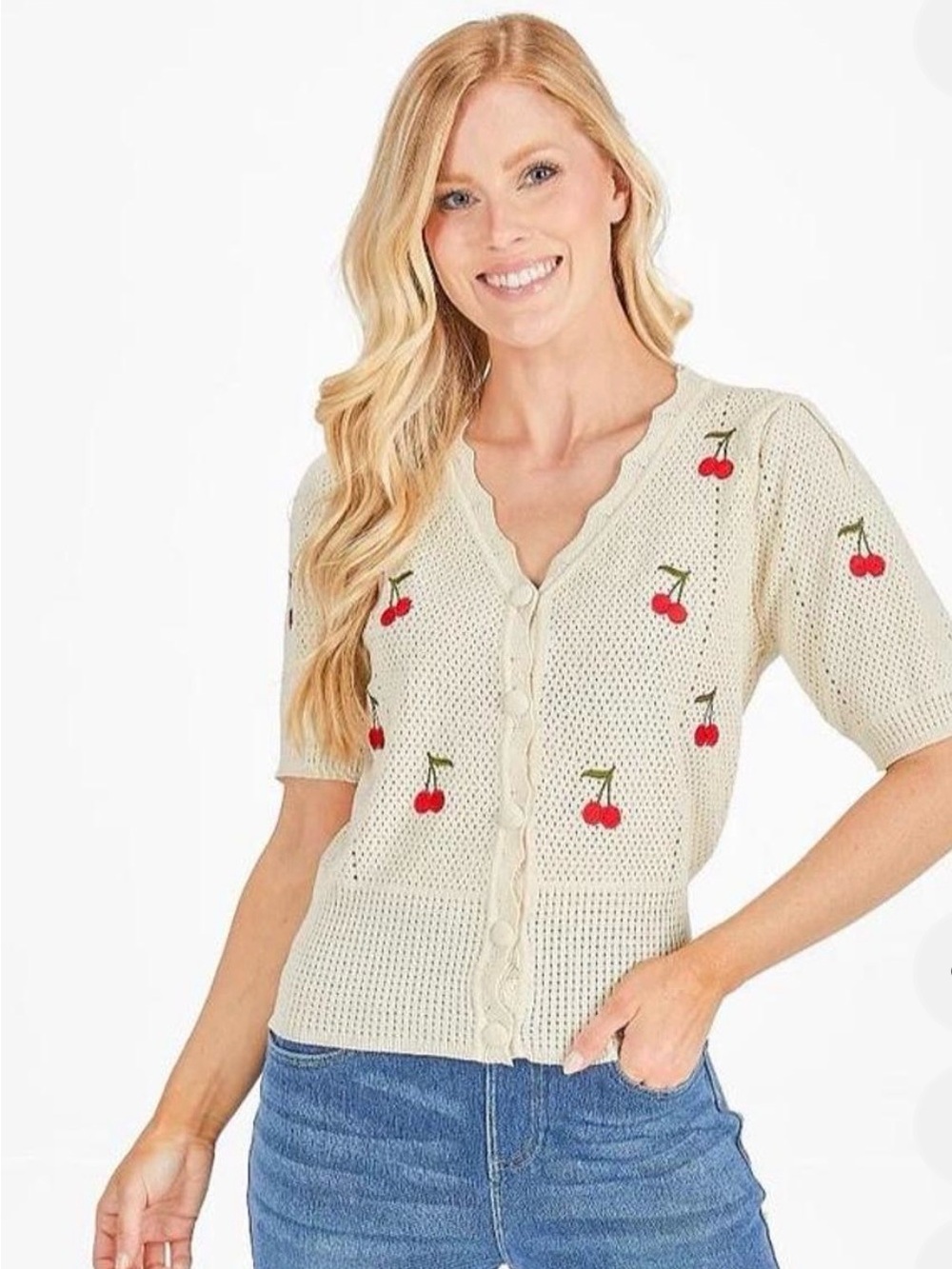 Cream Knit Cherry Embroidered Button Cardigan